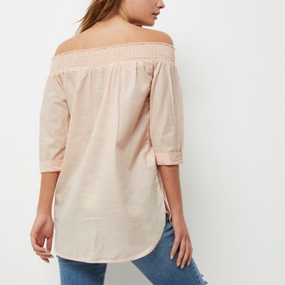 Light pink chambray bardot button front top